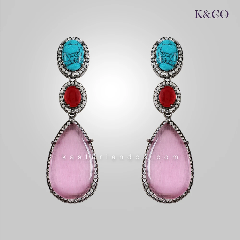 Long Earrings with Stone, Pink - Image 2