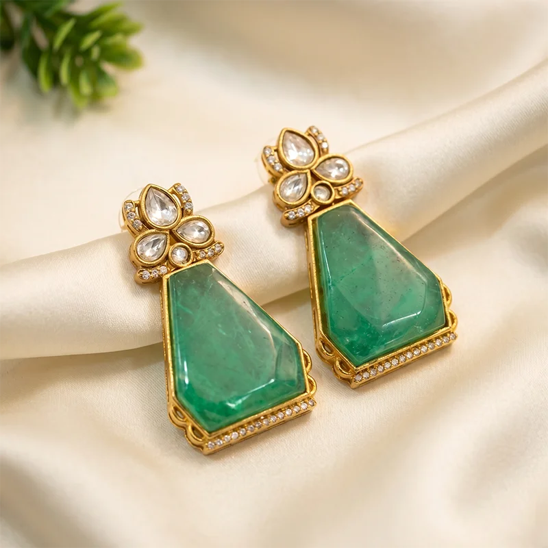 Large Kundan Stone Indian Statement Earrings - Image 4