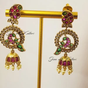 Long Jhumka Earrings, Peacock Style - Image 3