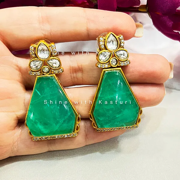 Large Kundan Stone Indian Statement Earrings - Image 2