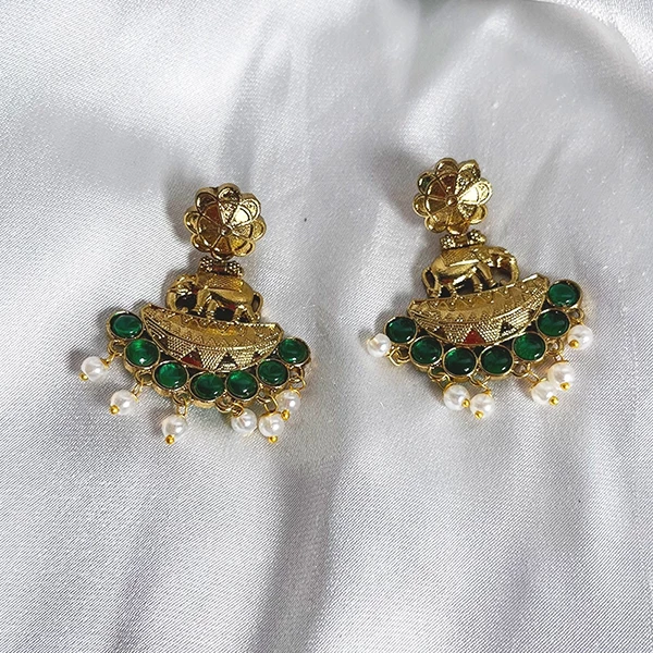 Temple Motiff Earrings with Stone, Green - Image 3