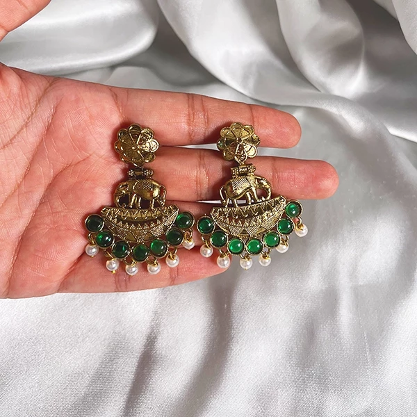Temple Motiff Earrings with Stone, Green - Image 2