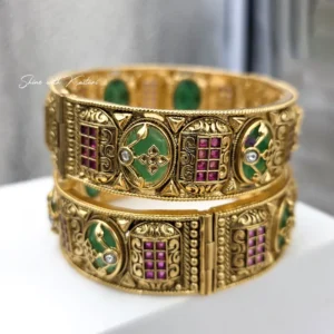 Alternative view of Gold Kada Bangles Design with Green & Ruby Stones, 2.8