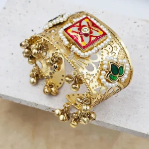 Royal Kundan Meenakari Pearl-Edged Gold Cuff Bangles - Image 3