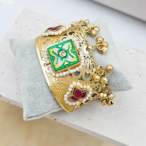 Royal Kundan Meenakari Pearl-Edged Gold Cuff Bangles - Image 4