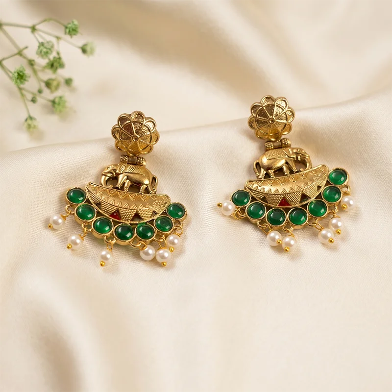 Temple Motiff Earrings with Stone, Green