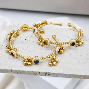 Multi‑Stone Pearl‑Bordered Gold Bangles Pair, 2.6