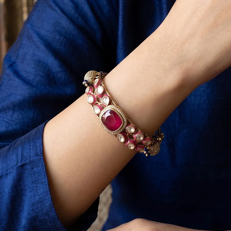 Peacock Kundan Openable Bangle, Ruby - Image 2