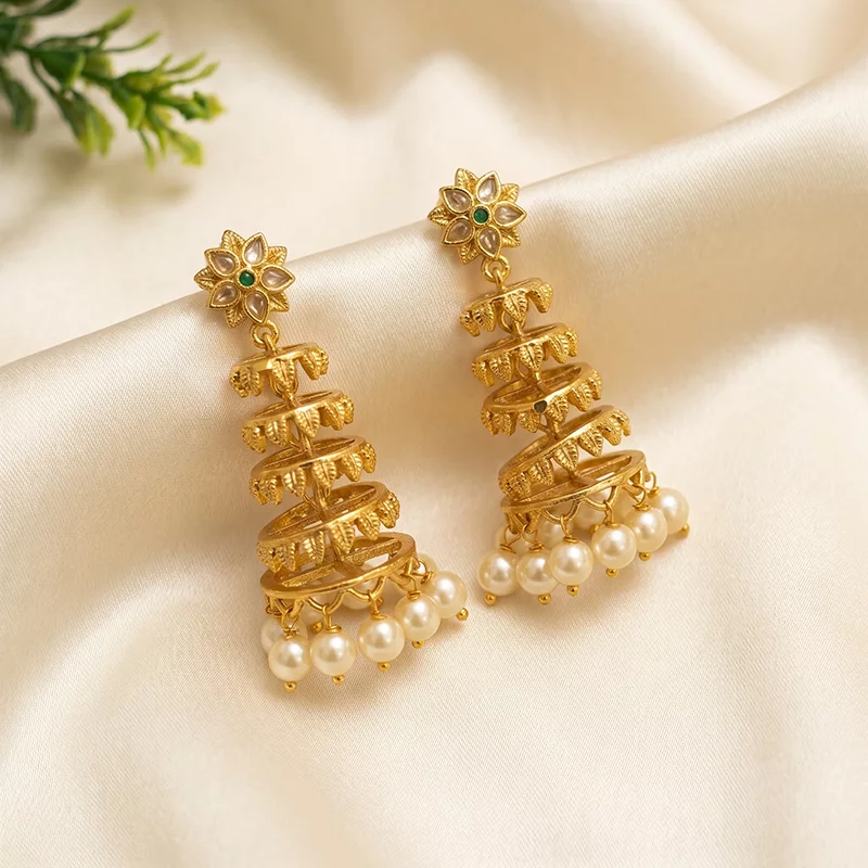 Layered Gold & Pearl Jhumka Earrings