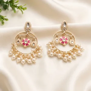 Pink Floral Pearl Hoop Chandbali Earrings