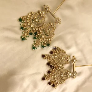 Royal Kundan Chandbali Earrings with Ruby Bead Drops - Image 4