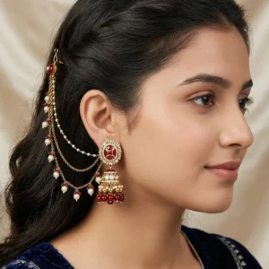 Kundan Jhumka Pearl Ear Chain, Ruby