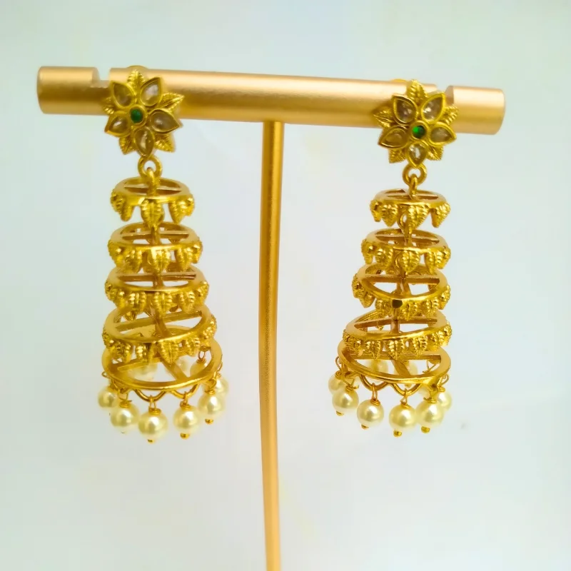 Layered Gold & Pearl Jhumka Earrings - Image 2