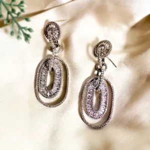 Silver Oval Drop Baguette Earrings