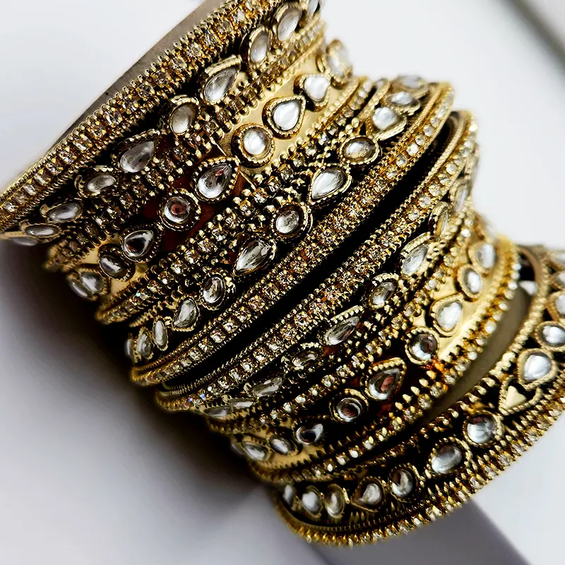 Antique Gold Kundan Broad Bangles, 2.8