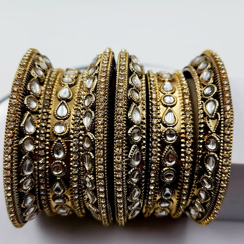 Antique Gold Kundan Broad Bangles, 2.8 - Image 2