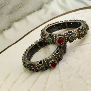 Alternative view of Antique Finish Oxidised Silver Bangle Pair, Pink Stones