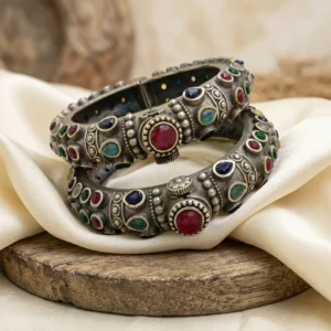 Antique Finish Oxidised Silver Bangle Pair, Pink Stones