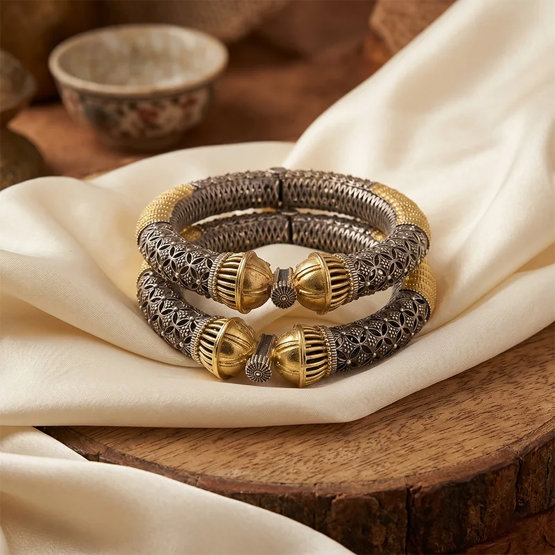 Broad Oxidised Silver Bangle Kada, Openable
