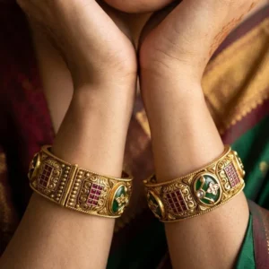 Gold Kada Bangles Design with Green & Ruby Stones