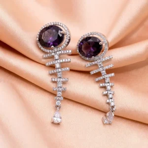Jetty Long AD Stone Statement Earrings, Purple