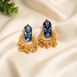 Floral Meenakari Ghungroo Statement Earrings, Blue