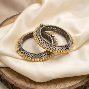 Mosaic Statement Style Oxidised SIlver Bangle, Pair
