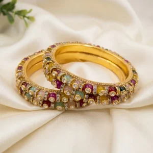 Multicolor Kundan Crystal Gold Finish Bangles, 2.6