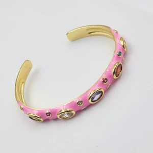 Multicolour Enamel Crystal Cuff Bangles, Pink