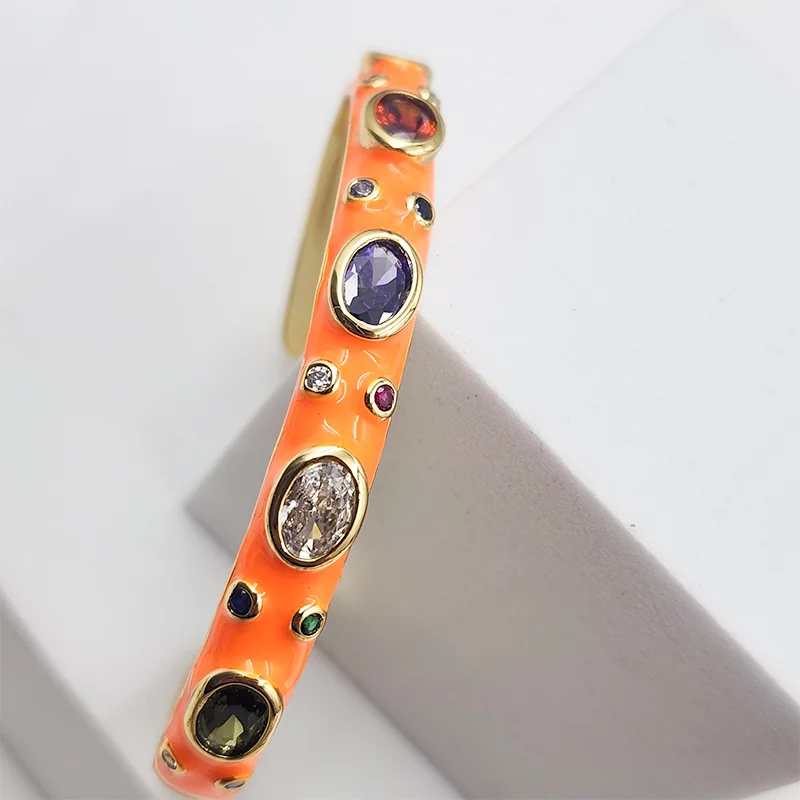 Multicolour Enamel Crystal Cuff Bangles, Orange