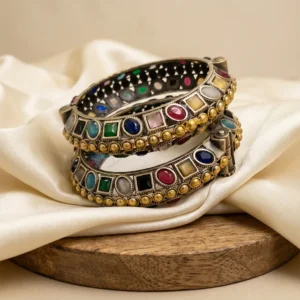 Oxidised Bangle Multi Stone, Pair