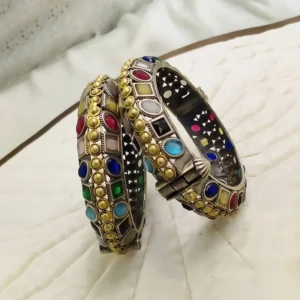 Alternative view of Oxidised Bangle Multi Stone, Pair