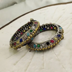 Oxidised Bangle Multi Stone, Pair - Image 3