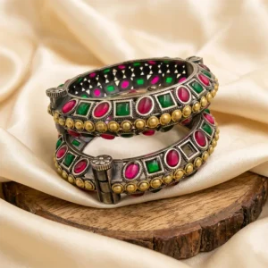 Oxidised Silver Kundan Bangle with Stones, Pair