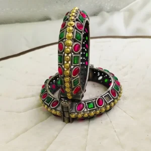 Oxidised Silver Kundan Bangle with Stones, Pair - Image 3