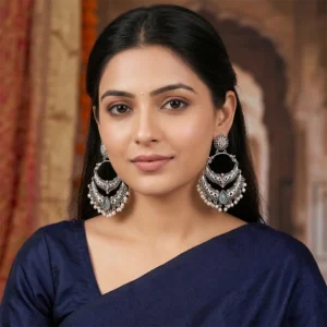 Oxidized Silver Chandbali Earrings with Pearl Drops