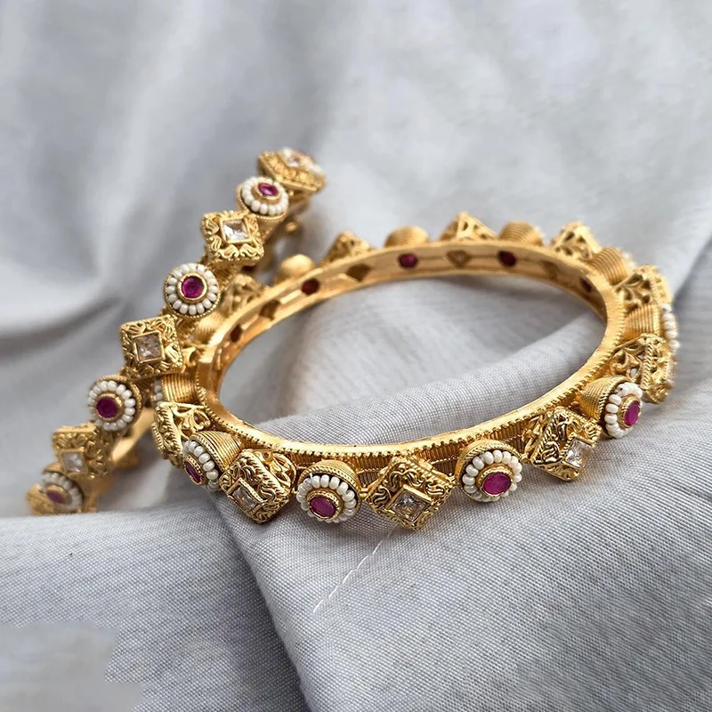 Traditional Ruby Pearl Embellished Gold-Tone Bangle Set, 2.8 - Image 3