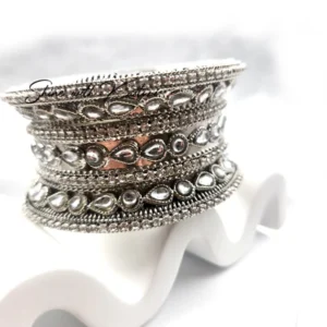 Silver Kundan Broad Bangles, 2.4 - Image 3
