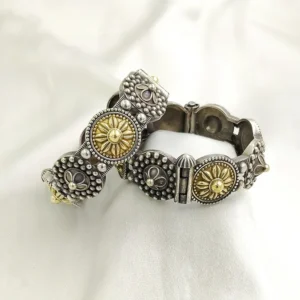Alternative view of Solar Disc Oxidised Silver Bangle, Dual-Tone Openable, Pair