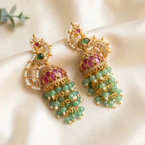 Royal Triple Layer Pearl Jhumka Earrings, Green